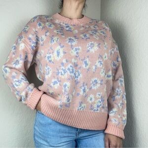 Workshop Floral Sweater Women M Peach Blue Yellow Flowers Ribbed NEW